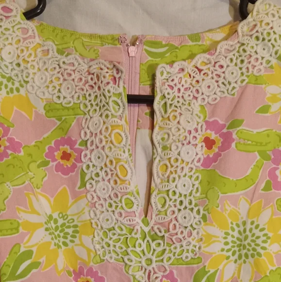 🎁🩷💚⚜️Lilly Pulitzer⚜️🩷💚Shift Dress Pink Green Gator Sleeveless Lace Size 8 - Picture 4 of 13